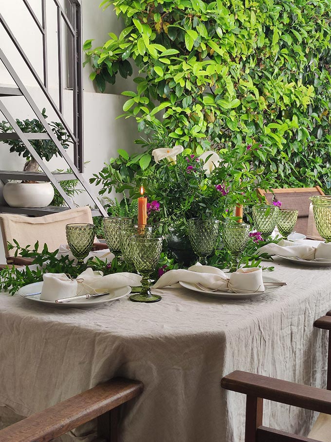 View of an outdoor dining setup for Easter in a city garden