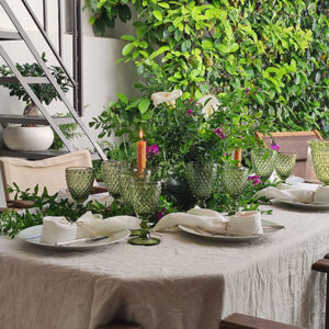 View of an outdoor dining setup for Easter in a city garden