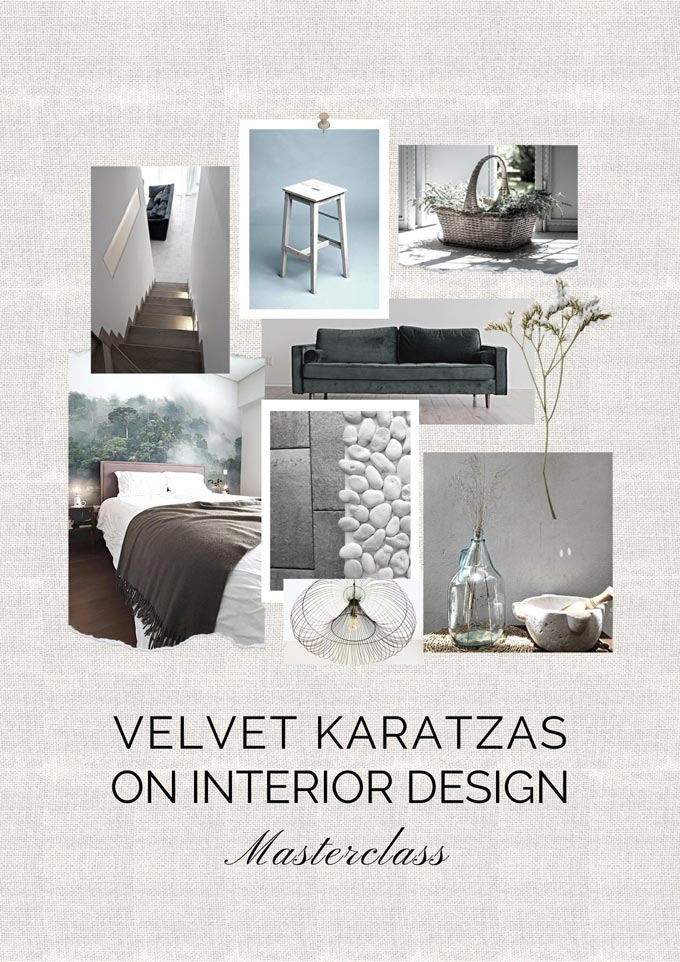 Cover page with a moodboard from the Interior Design Masterclass by Velvet Karatzas.