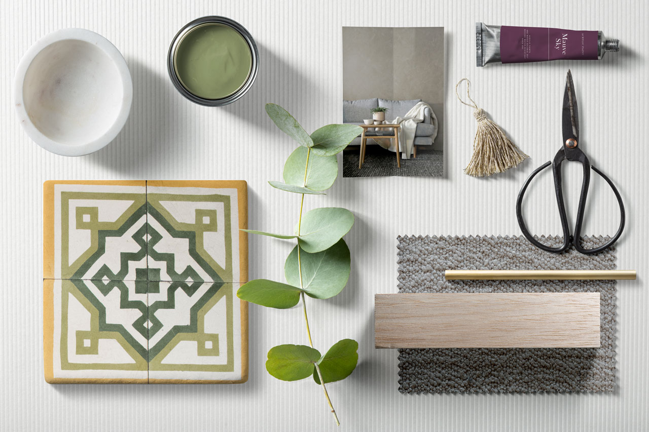 A materials moodboard for a client design project put together by Velvet Karatzas.