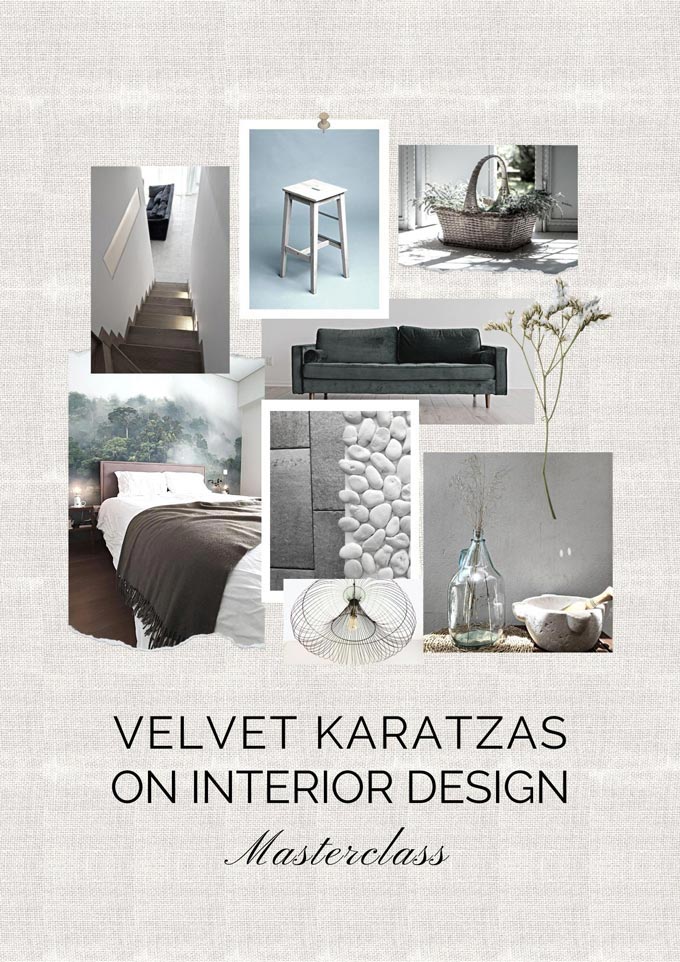 Velvet Karatzas on Interior Design Masterclass cover page with a mood board.