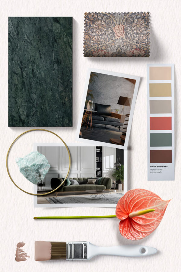 A material's moodboard inspired by French contemporary style, for a client design project put together by Velvet Karatzas.