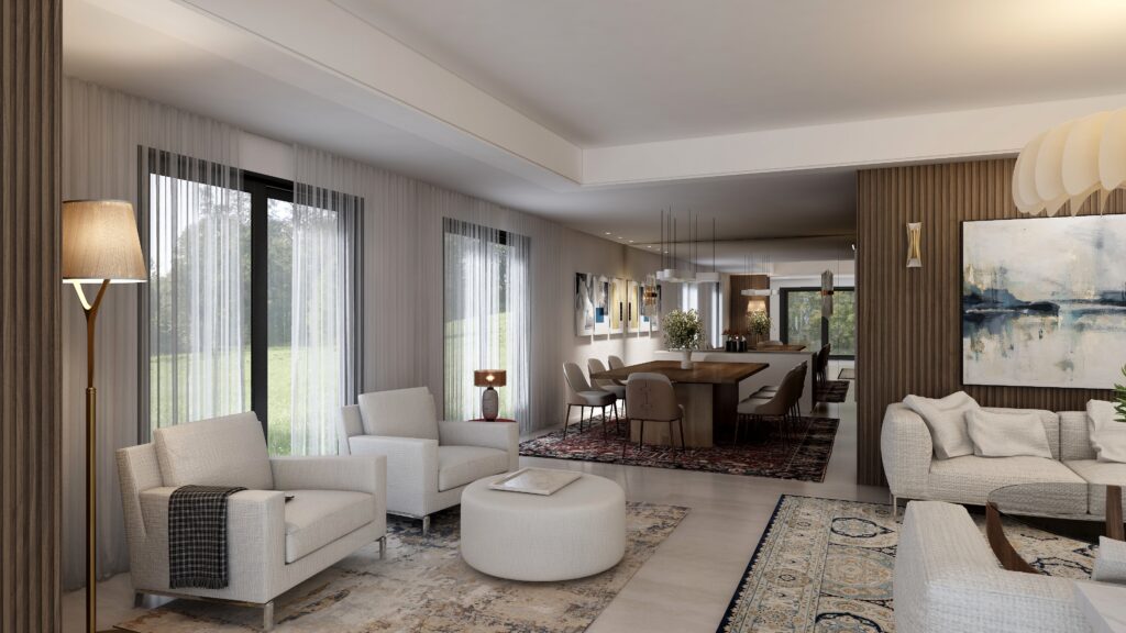 View of an open plan contemporary space with a dining room in the background, and an off-white sitting vignette in the foreground. Image copyright: Velvet Karatzas IDA.