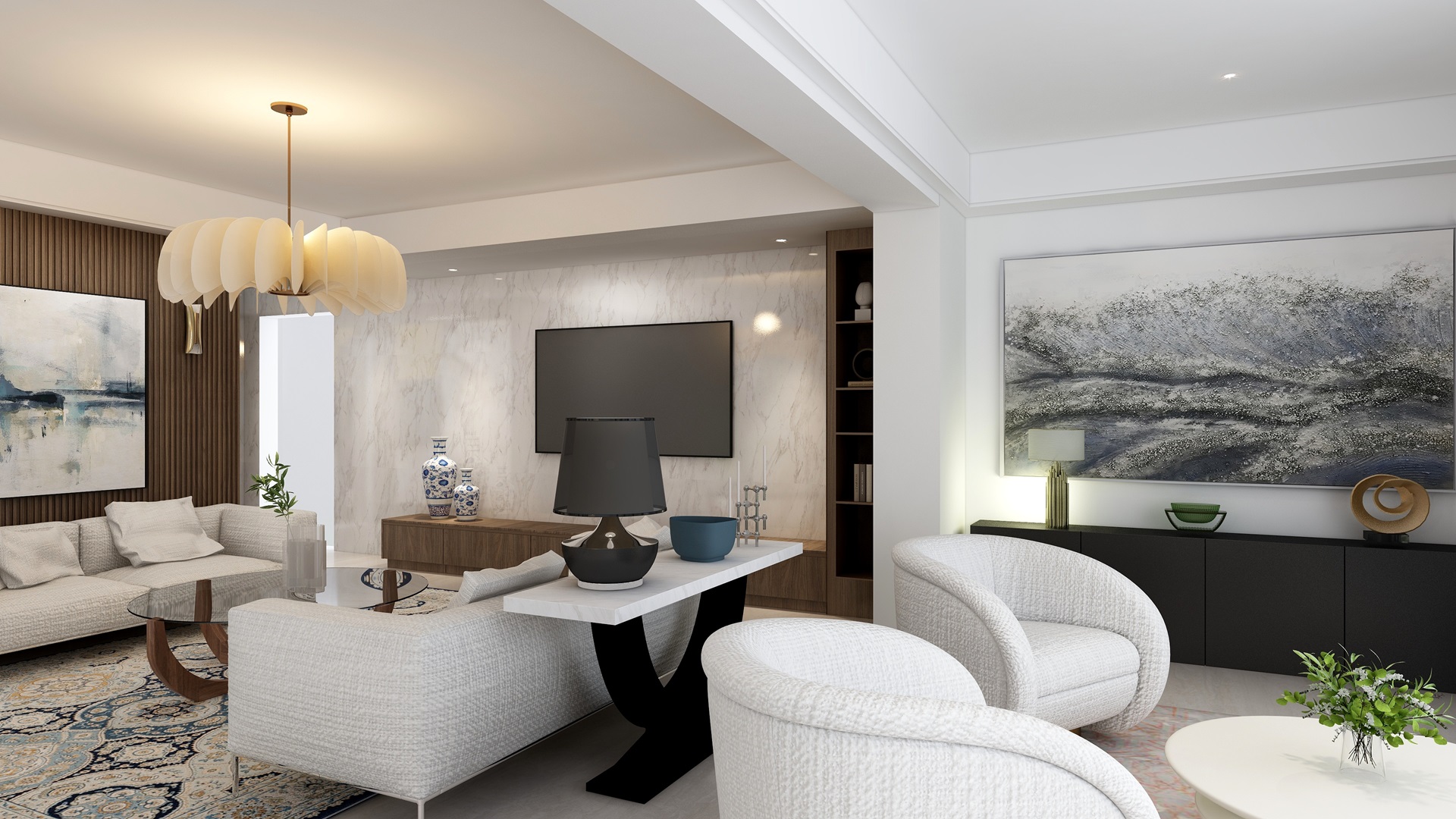 Inside view of a contemporary open plan living room with off-white sofas Calacatta marble TV wall and travertine stone flooring