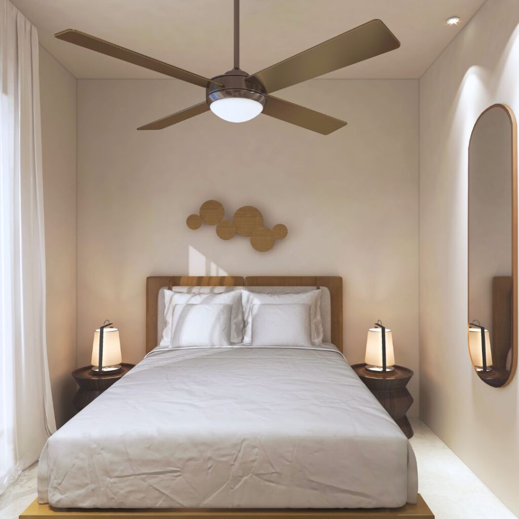 Earth toned contemporary small bedroom with a ceiling fan, designed by Velvet Karatzas. Image copyright: Velvet Karatzas IDA.