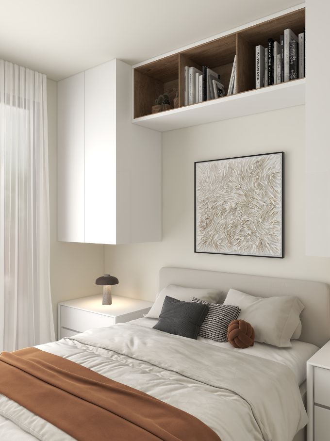 Contemporary small bedroom, with warm earth tone soft textile accents and off-white wardrobes. Image copyright: Velvet Karatzas IDA.