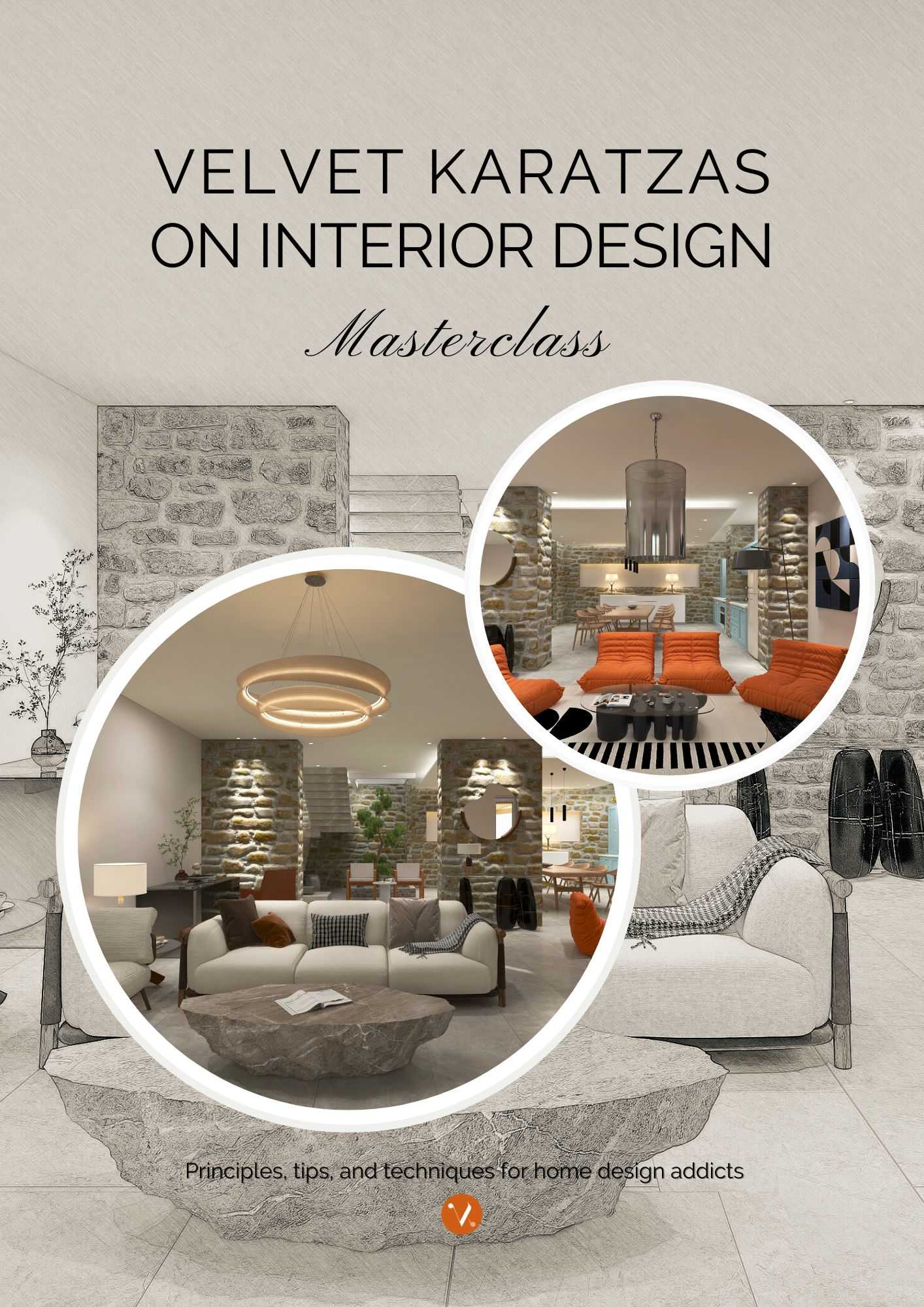 Cover page with a couple of images from contemporary spaces from the Interior Design Masterclass by Velvet Karatzas.