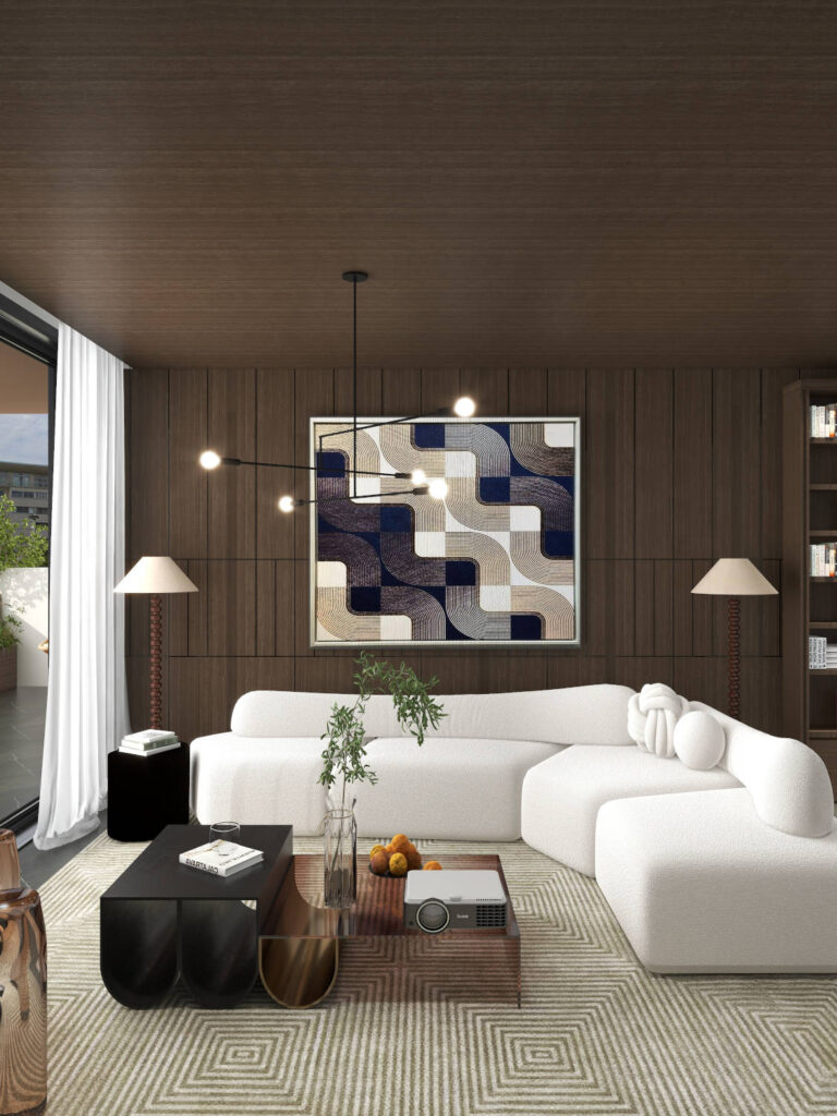 A contemporary sitting room with walnut wall and ceiling paneling, muted green marble flooring, a curvy off white sofa sitting on a rug with a geometric muted green pattern, a geometric pattern artwork hanging on the wall panel and mid-century inspired floor lamps on either side of this L-shaped sofa. Image copyright: Velvet Karatzas Interiors Atelier.