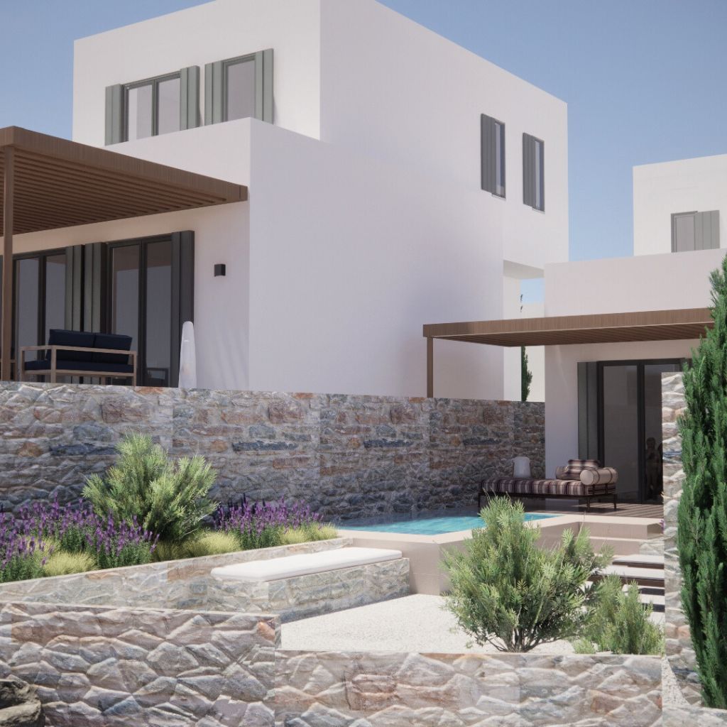 Contemporary white washed cubic buildings for a Cycladic summer homes complex with pergolas, stone fencing, small pool and a Mediterranean garden. Landscape design by Velvet Karatzas IDA.