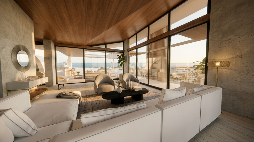Contemporary living space in a soft beige, exposed concrete surfaces, window doors from floor to ceiling, wooden veneer cladding on ceiling; white sofas, dark stain wooden coffee table and a sea view in the backdrop. Image copyright: Velvet Karatzas IDA.