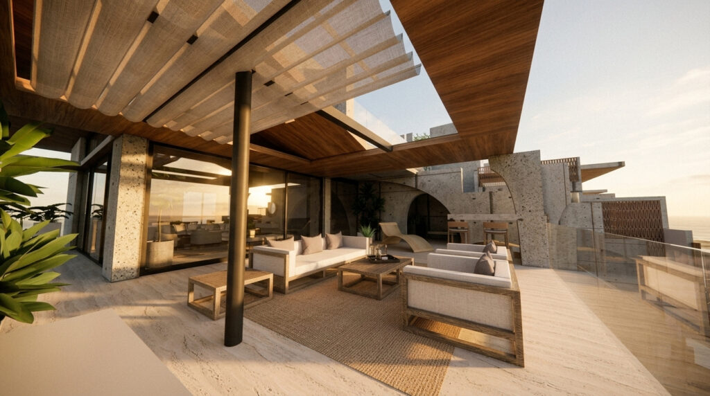 Contemporary outdoor terrace with a pergola and outdoor sitting furniture. Image copyright: Velvet Karatzas IDA.