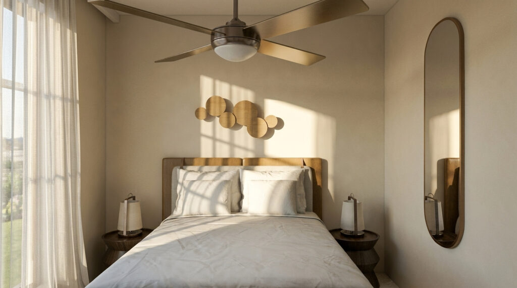 Earth toned contemporary small bedroom with a ceiling fan, designed by Velvet Karatzas. Image copyright: Velvet Karatzas IDA.