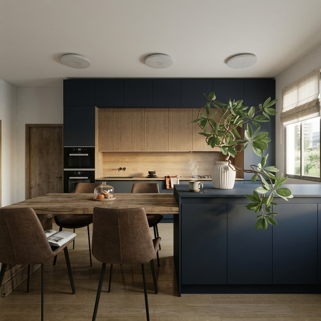 A contemporary navy blue kitchen with natural oak upper cabinetry details and a kitchen island that turns into a kitchen table for four. A white vase with a statement branch sits on the kitchen island while soft morning light enters the space from a side window. Image copyright: Velvet Karatzas IDA.