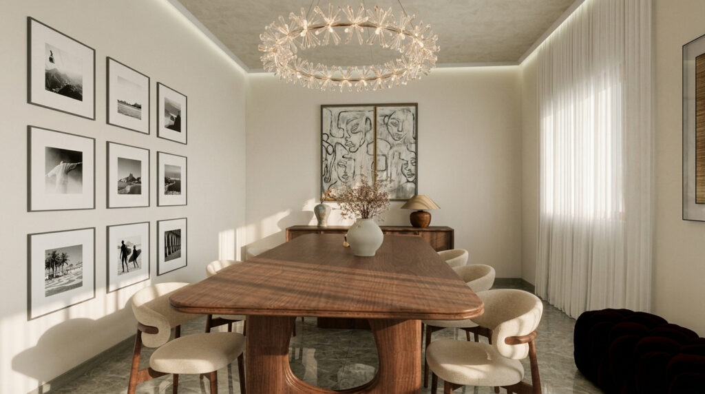 Contemporary dining space in a soft beige aesthetic with a black and white photography gallery on the left, a crystal pendant, and soft natural light coming through the curtains of a window on the right. Image copyright: Velvet Karatzas IDA.