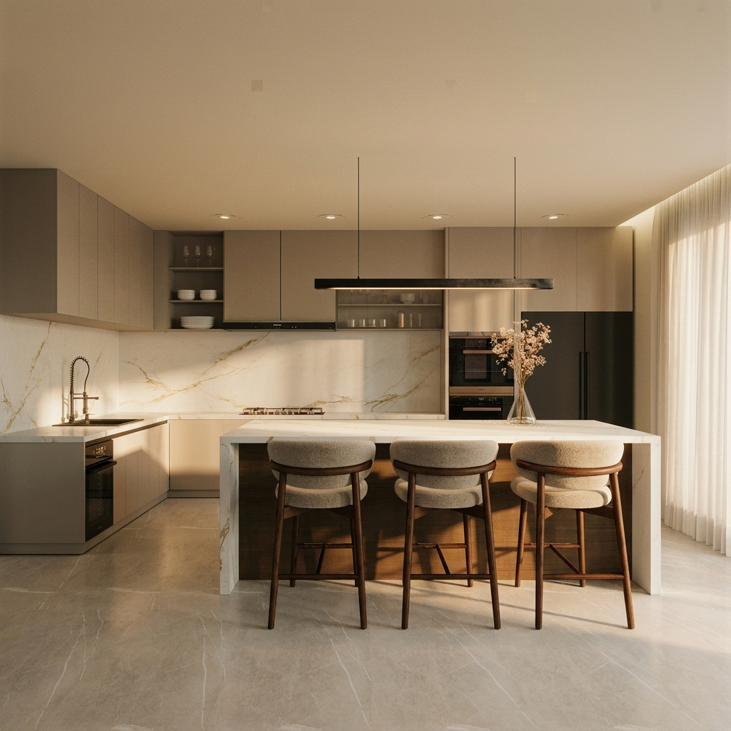 Contemporary greige L shaped kitchen with a kitchen island that has a walnut wood finish to it, soft afternoon light coming through the curtain from the side window door. Concept by Velvet Karatzas IDA.