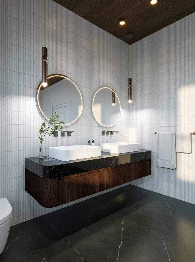 Contemporary white bathroom with a white kit-kat tile on the wall, walnut ceiling cladding, walnut vanity with two white porcelain basins, two round mirrors and green marble flooring. Image copyright: Velvet Karatzas IDA.