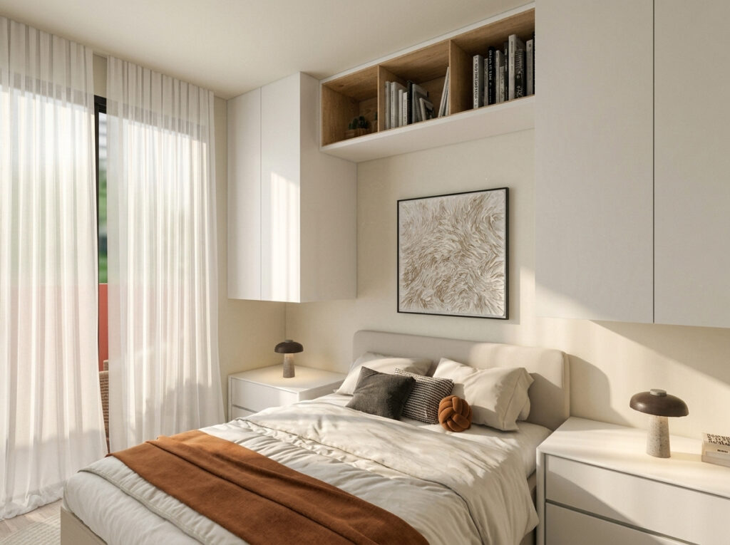 Contemporary small bedroom, with warm earth tone soft textile accents and off-white wardrobes. Image copyright: Velvet Karatzas IDA.