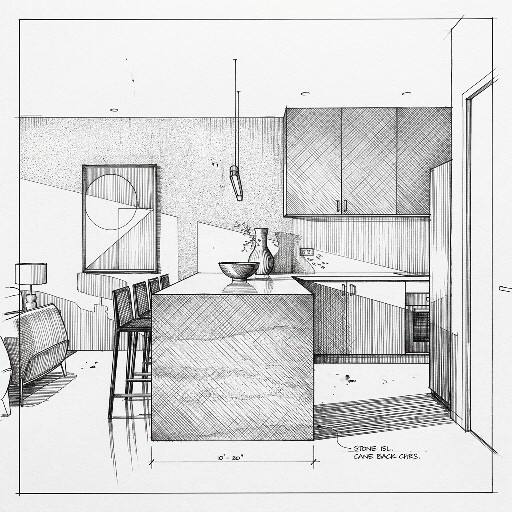 A black and white architectural sketch of a kitchen showing the side of a kitchen island with bar stools on the one side and the kitchen stretching over the other side. Image copyright: Velvet Karatzas IDA.