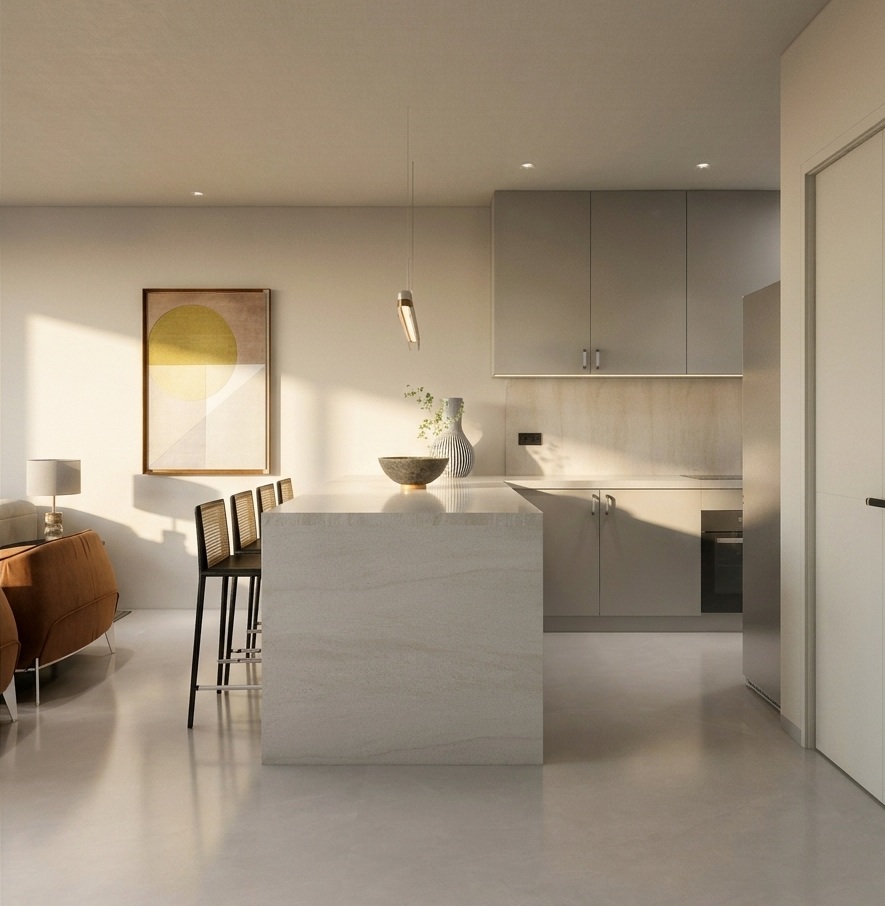 Contemporary off-white kitchen with a sideway view of the kitchen island creating a distinct zone between kitchen and sitting room. Image copyright: Velvet Karatzas IDA.