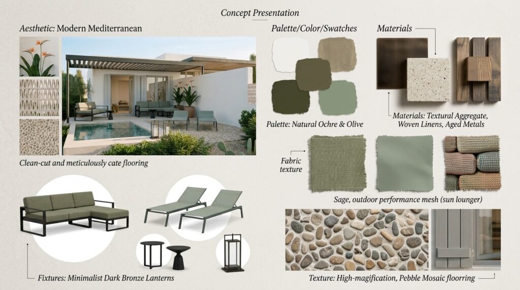 A concept mood-board for a summer house in Syros, Greece displaying the color palette, a 3D render, some outdoor furniture, decor, finishes and accessories. Image copyright: Velvet Karatzas IDA.