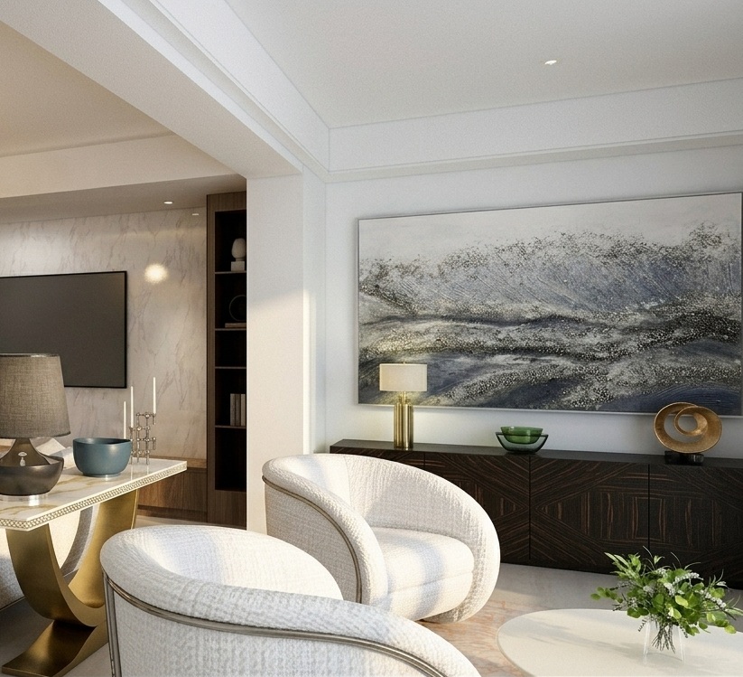 Inside view of a contemporary open plan living room with off-white sofas, Calacatta marble TV wall and travertine stone flooring. Image copyright: Velvet Karatzas IDA.