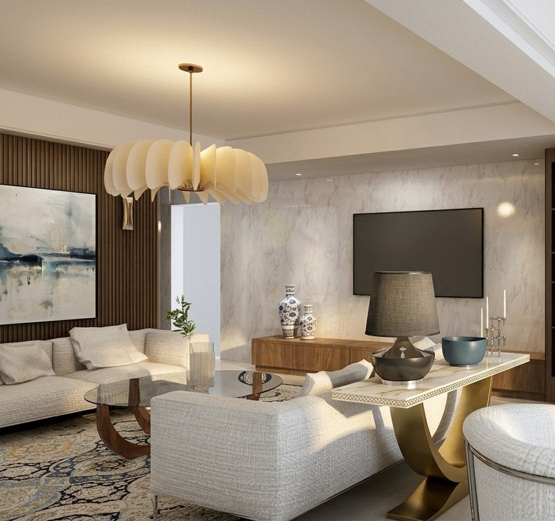 Inside view of a contemporary open plan living room with off-white sofas, Calacatta marble TV wall unit, travertine stone flooring and Persian rugs. Image copyright: Velvet Karatzas IDA.