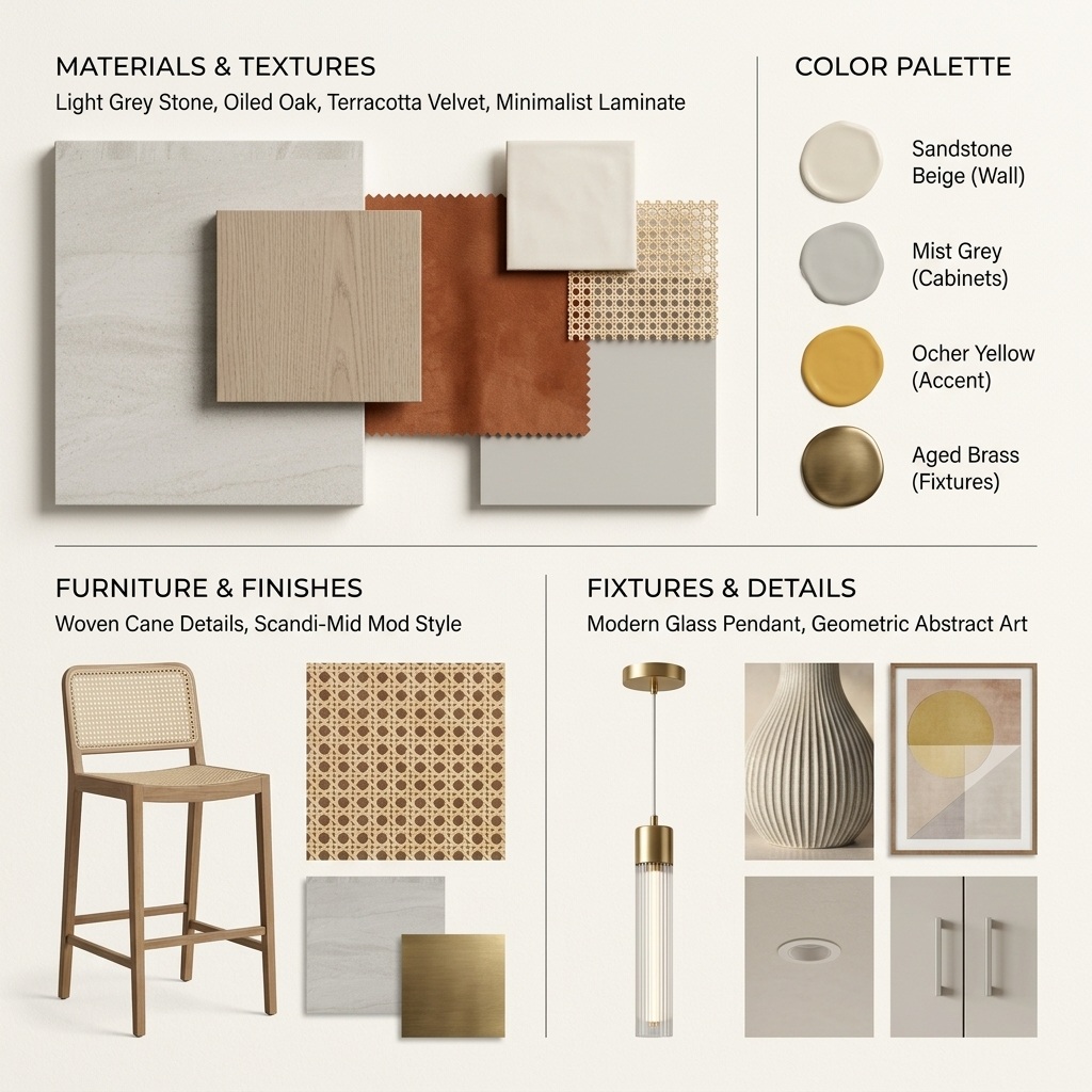 Concept interior mood-board for a contemporary kitchen. Image copyright: Velvet Karatzas IDA.