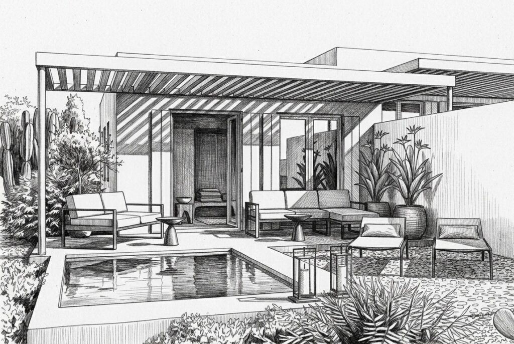 Architectural sketch of a Cycladic single story summer house with a small pool, a pergola and an outdoor sitting space under it. Image copyright: Velvet Karatzas IDA.