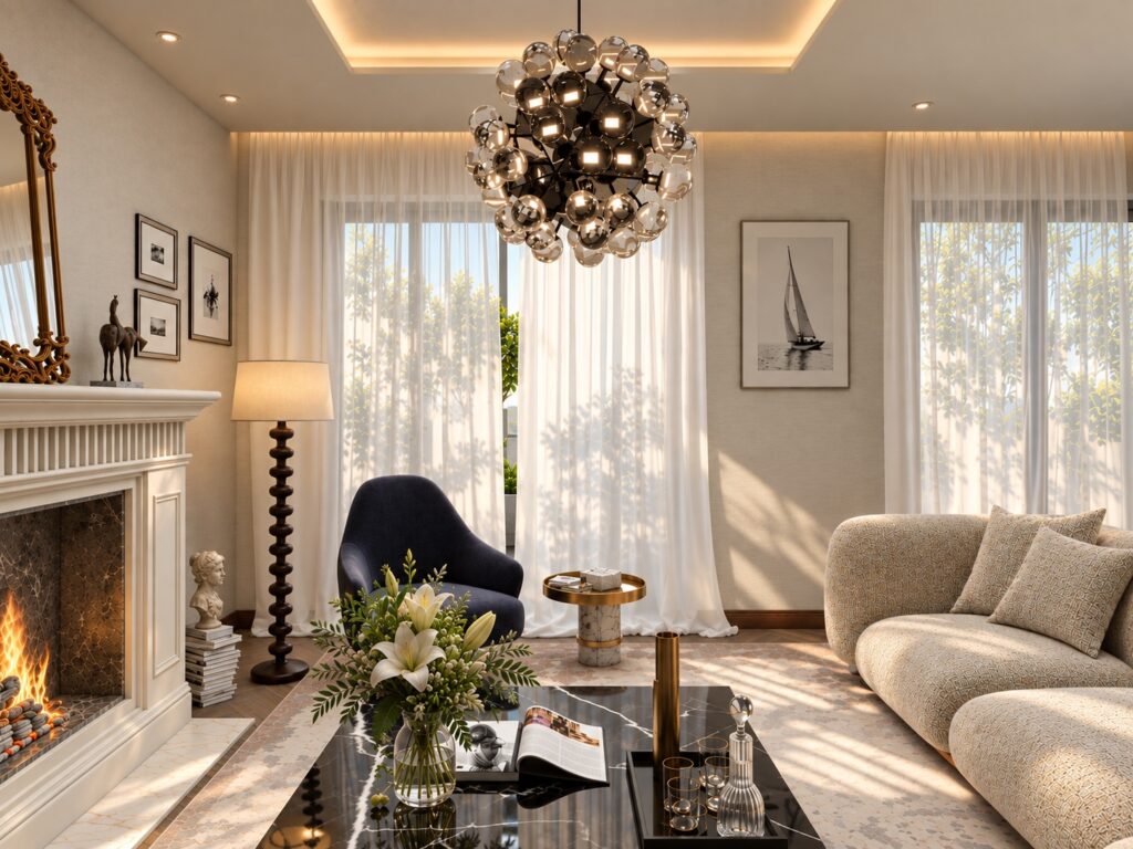 An off-white modern take of a neoclassical sitting room with a marble fireplace, on off-white curvy sofa, a black marble coffee table and a blue velvet armchair join forces to create a well lived-in space. Image concept by Velvet Karatzas Interiors Atelier. Image copyright: Velvet Karatzas IDA.